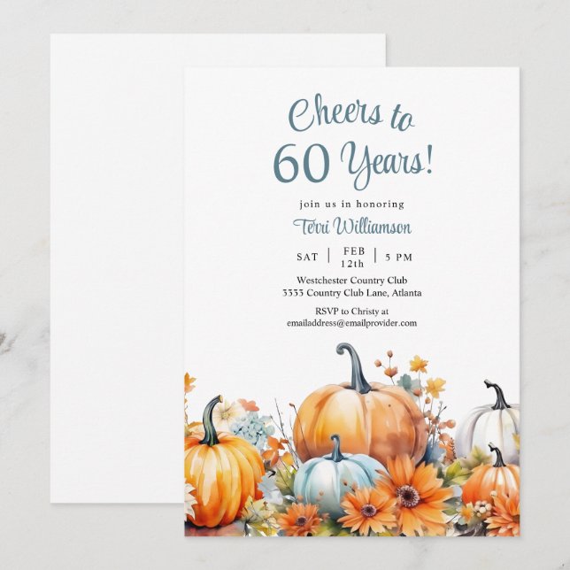 Fall Pumpkin 60th Birthday Cheers to 60 Years Invitation (Front/Back)
