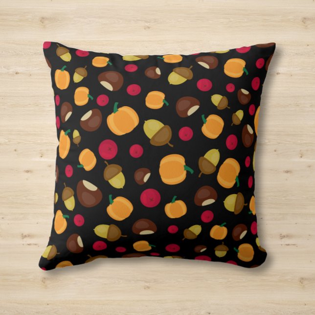 Fall Pumpkin Acorn Chestnut Berries Pattern Black Throw Pillow (Creator Uploaded)