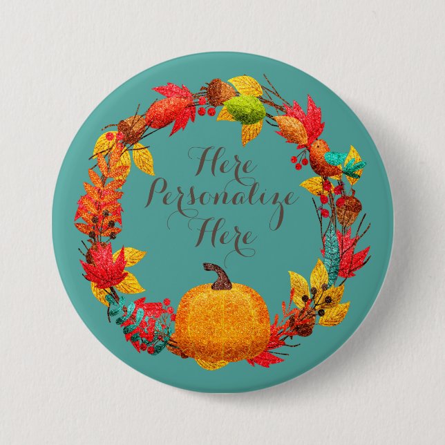 Fall pumpkin and autumn leaves wreath button (Front)