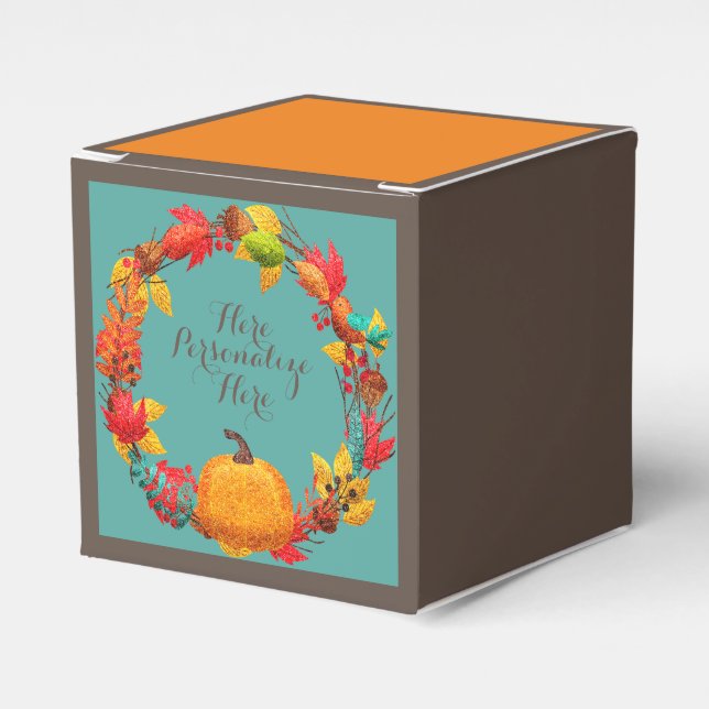Fall pumpkin and autumn leaves wreath favor boxes (Front Side)