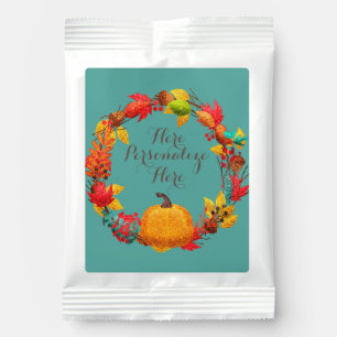 Fall pumpkin and autumn leaves wreath hot chocolate drink mix