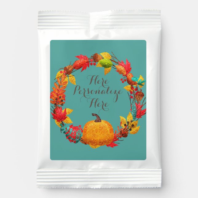 Fall pumpkin and autumn leaves wreath hot chocolate drink mix (Front)