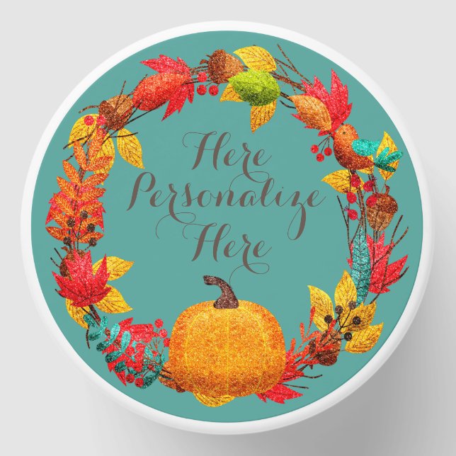 Fall pumpkin and autumn leaves wreath mini candle favors (Front)