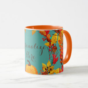 Fall pumpkin and autumn leaves wreath mug