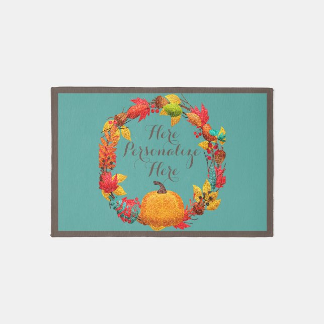 Fall pumpkin and autumn leaves wreath outdoor rug (Front)