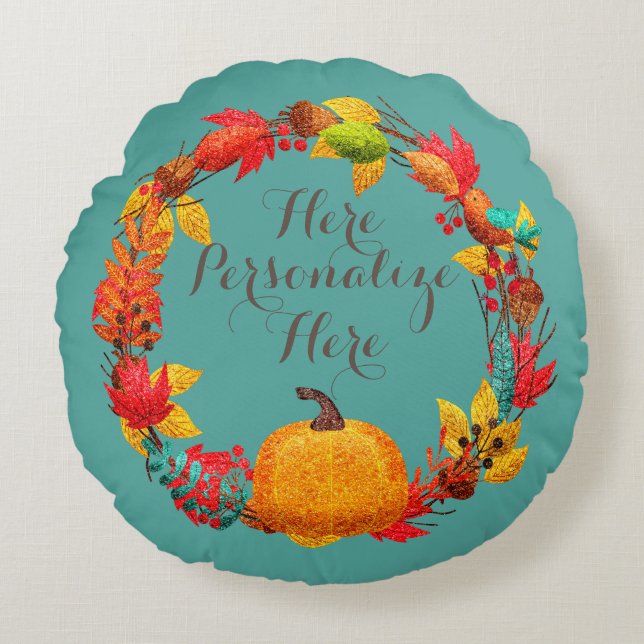 Fall pumpkin and autumn leaves wreath round pillow (Front)