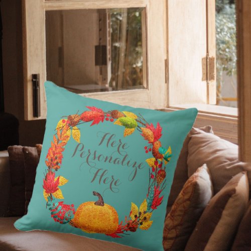 Fall pumpkin and autumn leaves wreath throw pillow