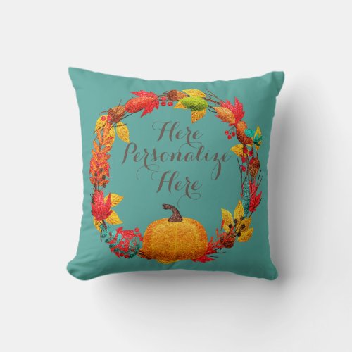 Fall pumpkin and autumn leaves wreath throw pillow