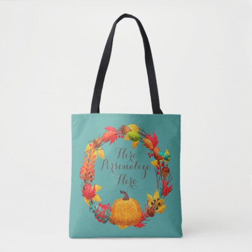 Fall pumpkin and autumn leaves wreath tote bag
