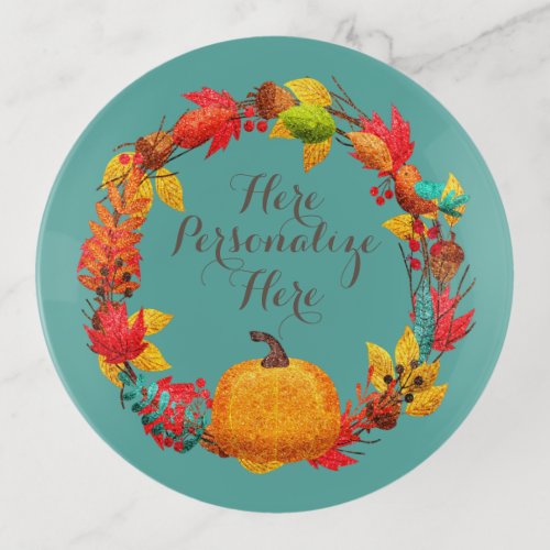 Fall pumpkin and autumn leaves wreath trinket tray