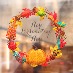 Fall pumpkin and autumn leaves wreath  window cling