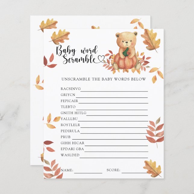 Fall pumpkin and bear - Baby Word Scramble Game (Front/Back)
