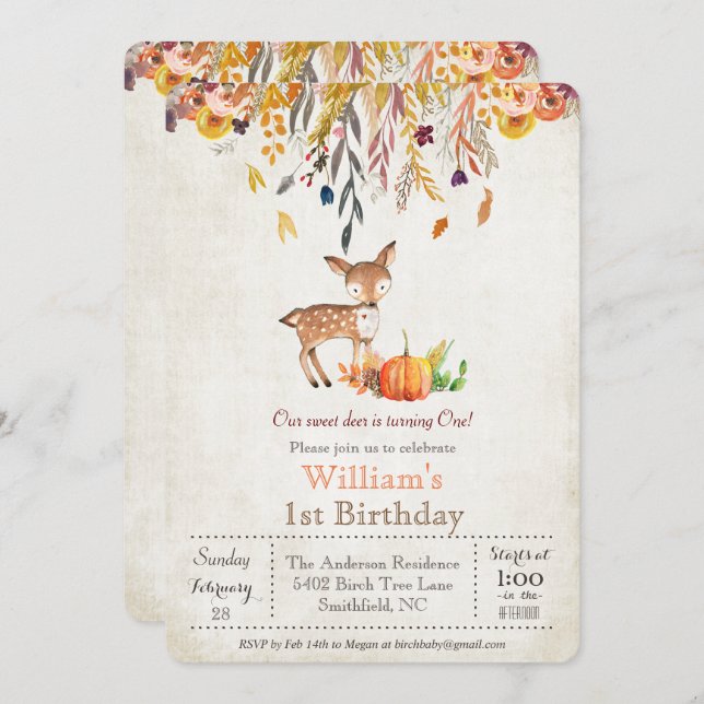Fall Pumpkin and Deer 1st Birthday Invitation (Front/Back)