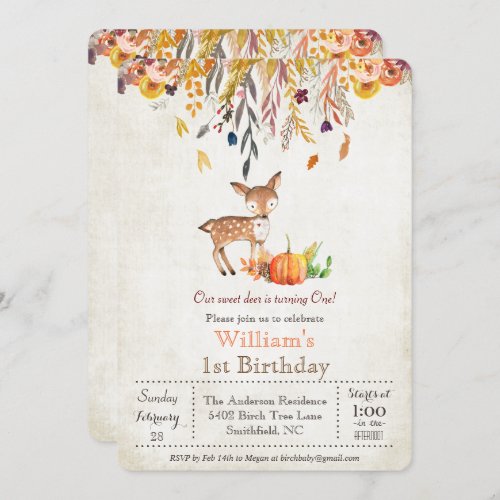 Fall Pumpkin and Deer 1st Birthday Invitation