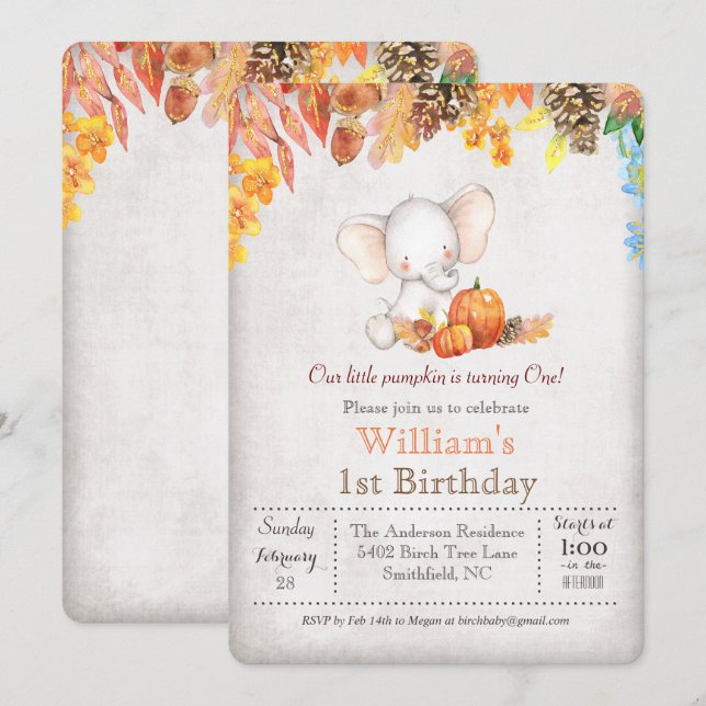 Fall Pumpkin and Elephant 1st Birthday Invitation (Front/Back)