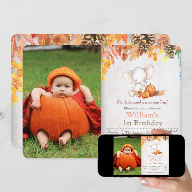 Fall Pumpkin and Elephant 1st Birthday Invitation | Zazzle