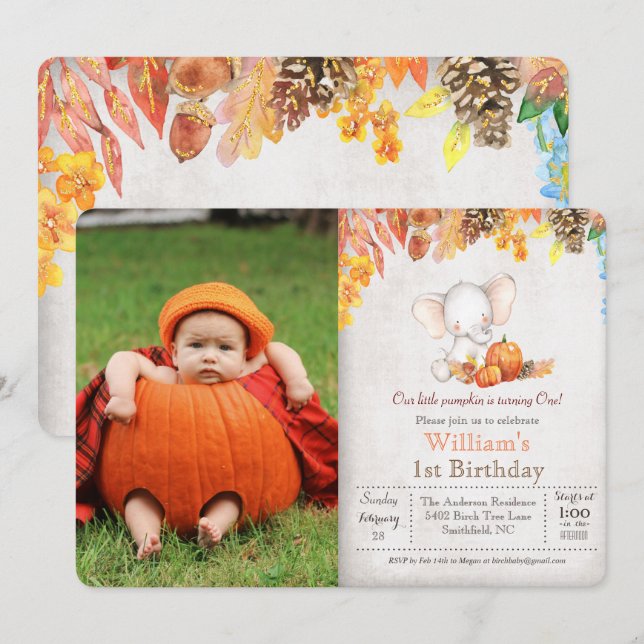 Fall Pumpkin and Elephant 1st Birthday Invitation (Front/Back)