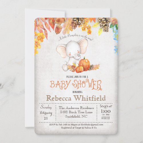 Fall Pumpkin and Elephant Baby Shower Invitation