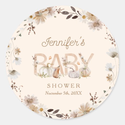 Fall Pumpkin and Floral Baby Shower Classic Round Sticker