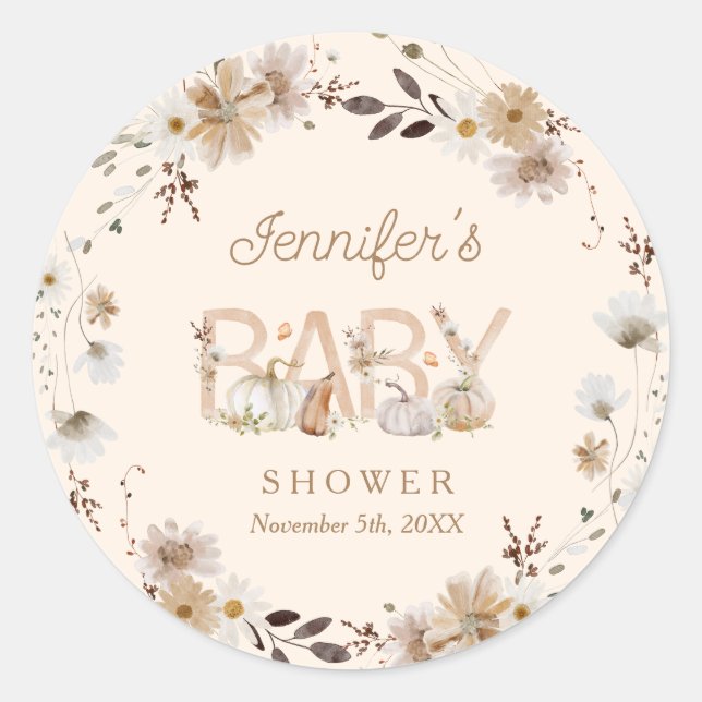 Fall Pumpkin and Floral Baby Shower Classic Round Sticker (Front)