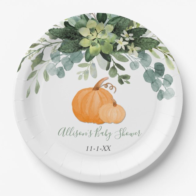 Fall pumpkin and greenery eucalyptus baby shower paper plates (Front)