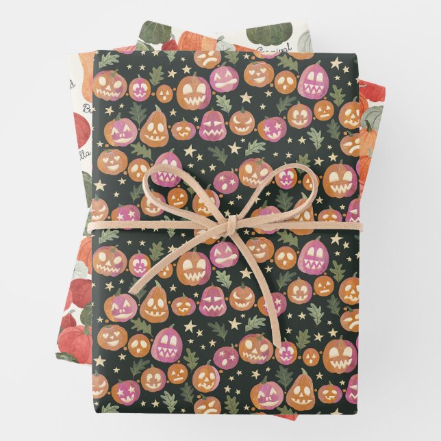 Fall Pumpkin and Jack-o'-lantern Set of Three Wrapping Paper Sheets (In situ)