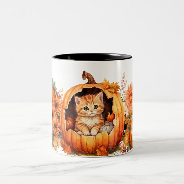 Fall Pumpkin and Kitten  Two-Tone Coffee Mug (Center)