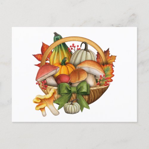 Fall Pumpkin and Mushroom Basket Harvest  Postcard