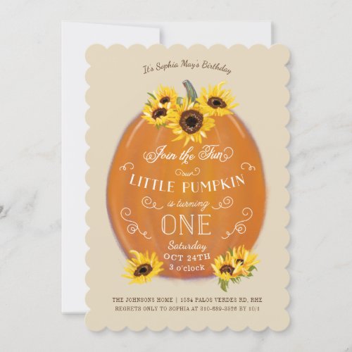 Fall Pumpkin and Sunflowers First Birthday Die Cut Invitation
