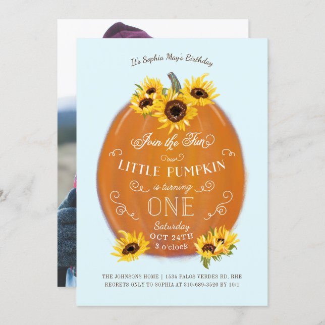 Fall Pumpkin and Sunflowers First Birthday Invitation (Front/Back)
