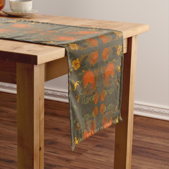 Fall Pumpkin and Vine Table Runner in Warm Gray (In Situ)
