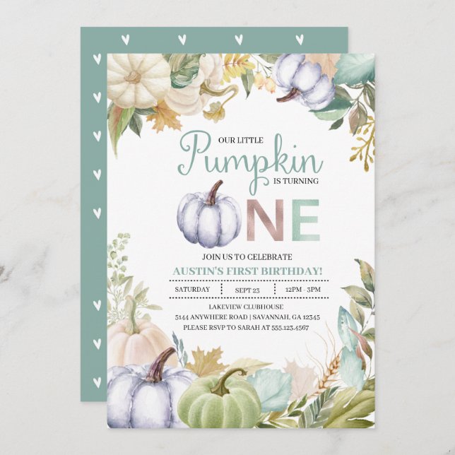 Fall Pumpkin Autumn First Birthday Invitation Boy (Front/Back)