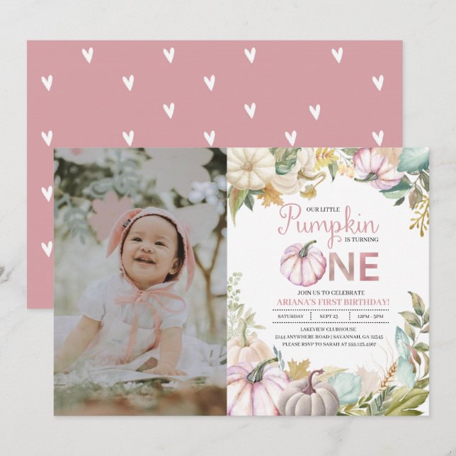 Fall Pumpkin Autumn First Birthday Invitation Girl (Front/Back)