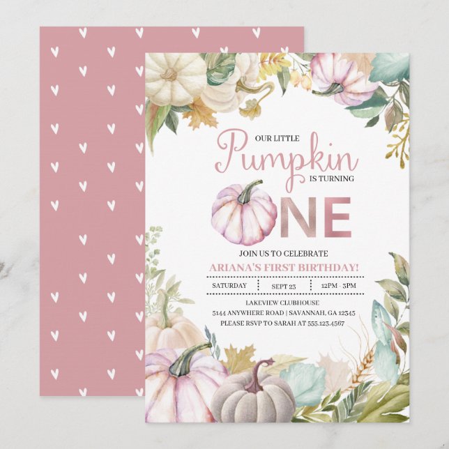 Fall Pumpkin Autumn First Birthday Invitation Girl (Front/Back)