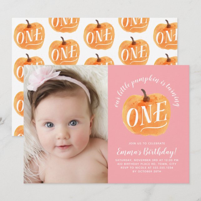 Fall Pumpkin Autumn First Birthday Invitation Pink (Front/Back)