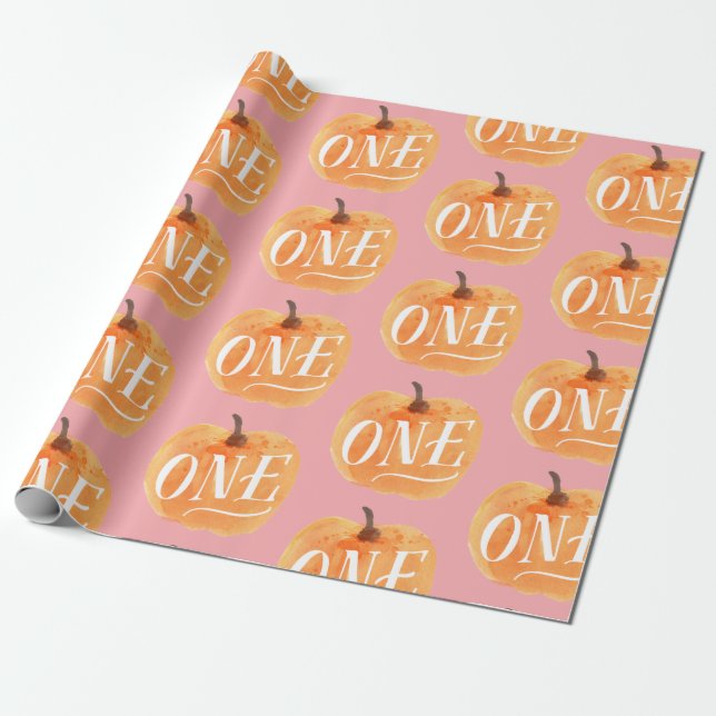 Fall Pumpkin Autumn First Birthday ONE  pink Wrapping Paper (Unrolled)