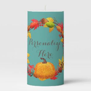 Fall pumpkin autumn leaf wreath teal brown orange pillar candle