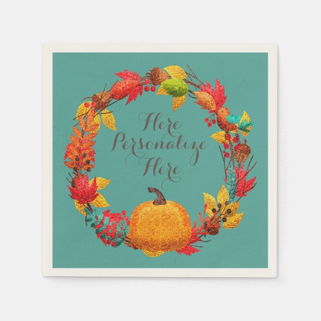 Fall pumpkin autumn leaf wreath teal orange brown napkins (Front)