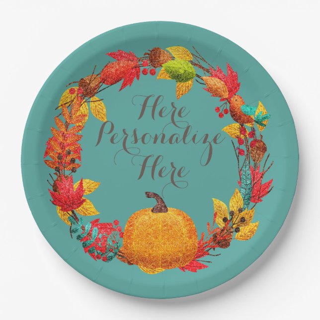 Fall pumpkin autumn leaves wreath teal orange  paper plates (Front)
