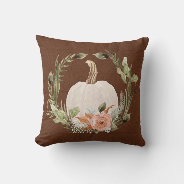 Fall Pumpkin Autumn Peach Rust Floral Moss Foliage Throw Pillow (Front)