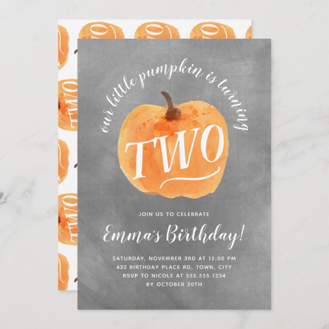 Fall Pumpkin Autumn Second Birthday Chalk Texture Invitation (Front/Back)