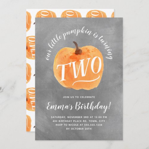 Fall Pumpkin Autumn Second Birthday Chalk Texture Invitation