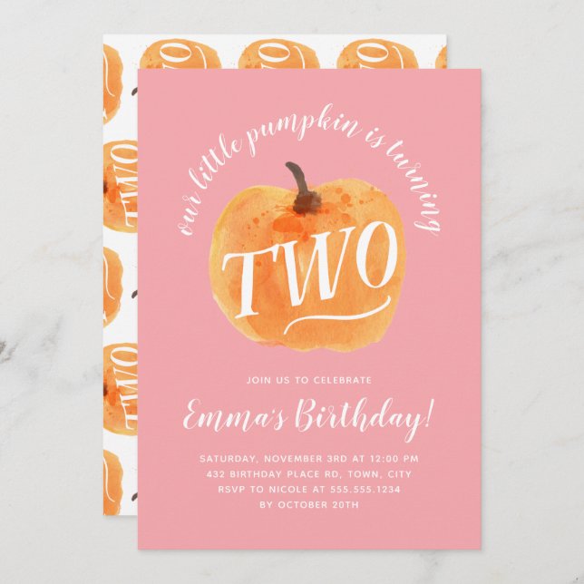 Fall Pumpkin Autumn Second Birthday Pink Invitation (Front/Back)