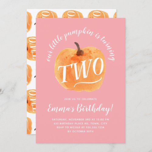 Fall Pumpkin Autumn Second Birthday Pink Invitation