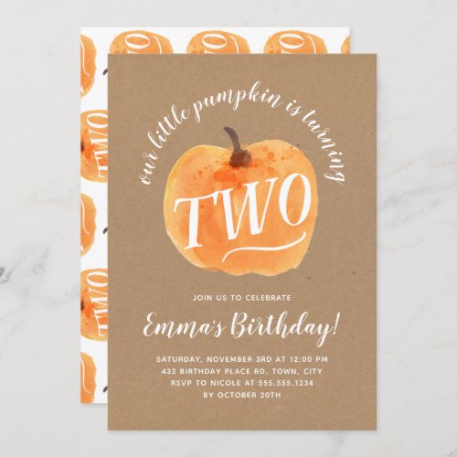 Fall Pumpkin Autumn Second Birthday Rustic Kraft Invitation