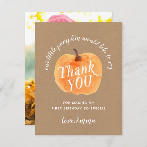 Fall Pumpkin Autumn Thank You with Photo on Back Invitation
