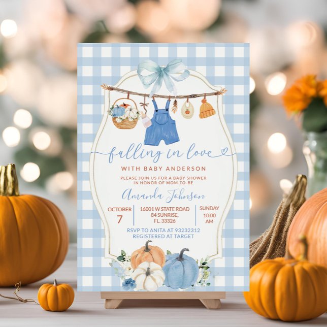 Fall Pumpkin Baby Clothes Blue Gingham Baby Shower Invitation (Creator Uploaded)