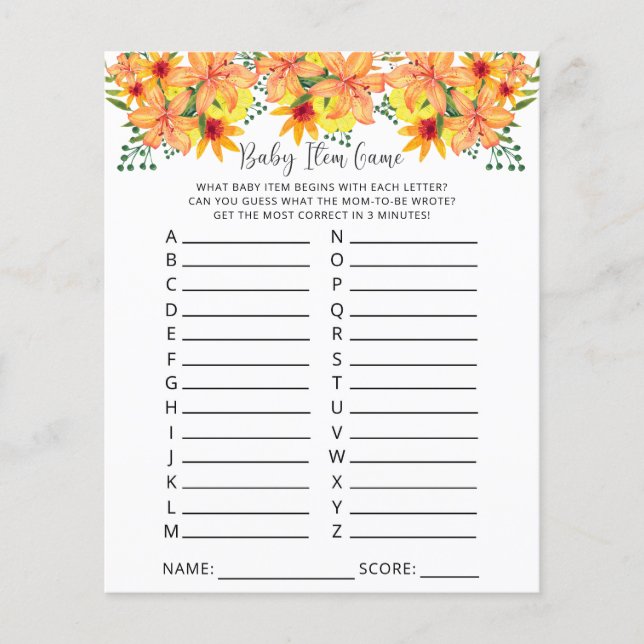 Fall pumpkin Baby Item Game. Baby Shower Game (Front)