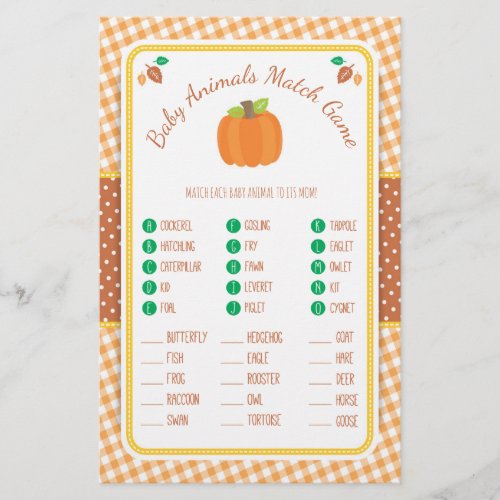 Fall Pumpkin Baby Shower Animal Match Game Flyer