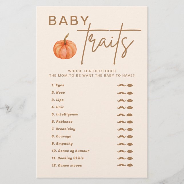 Fall Pumpkin Baby Shower Baby Traits Game (Front)